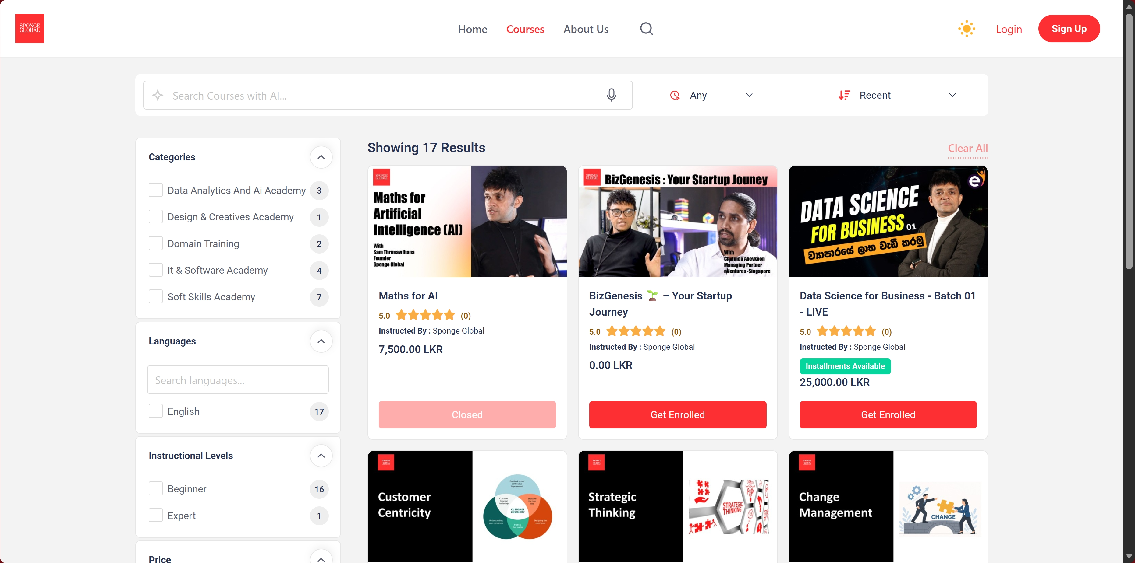 Sponge Global LMS — immersive eLearning content dashboard
